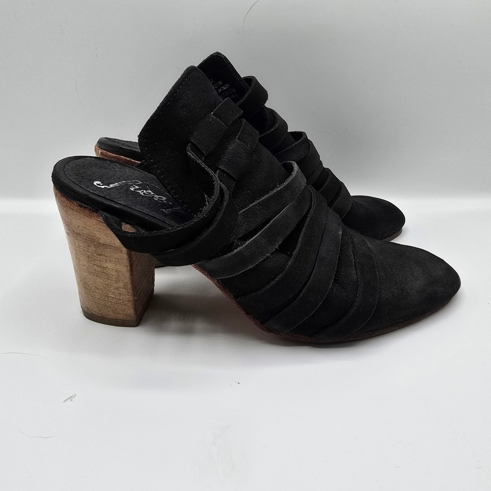 Free People Byron Mules Black Suede Leather Strappy Clog Heels Size 38